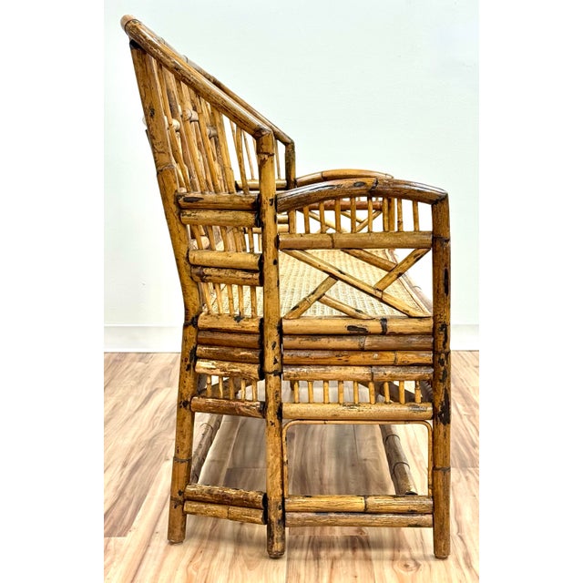 Wood Vintage Brighton Pavilion Style Chippendale Bamboo Caned Seat Bench Settee For Sale - Image 7 of 11