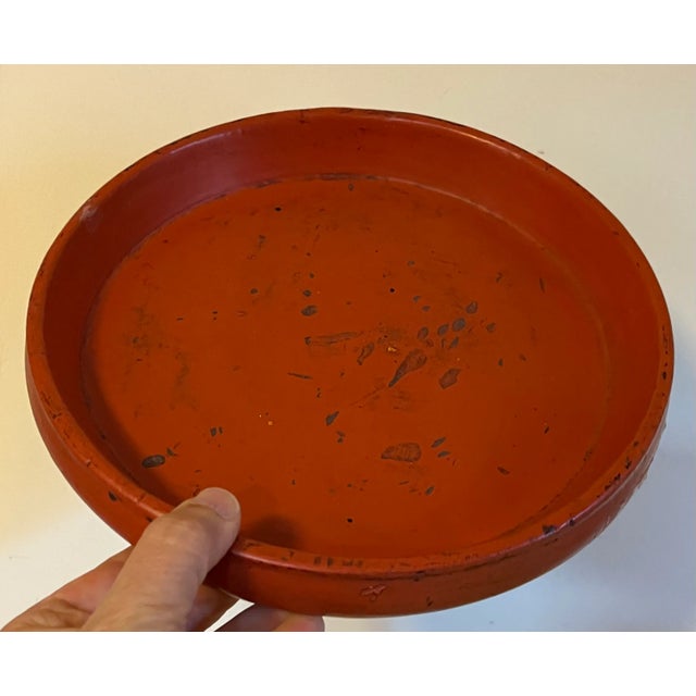 Antique 19th Century Chinese Scarlet Red Lacquer Carved Wood Footed Round Plateau Tray or Low Bowl For Sale In New York - Image 6 of 9