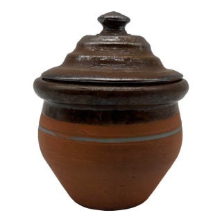 A Antique Folk Art Small Redware Crock With Lid, by Stahl's Pottery, Powder Valley, Pa, Circa 1930's For Sale
