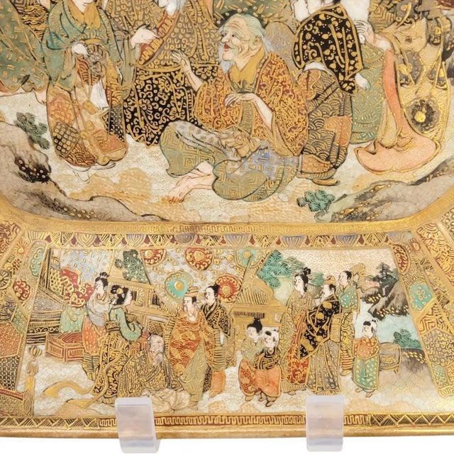 Japanese Meiji Kyoto Satsuma Square Dish with Rakan and Ladies, 1890s For Sale - Image 12 of 17
