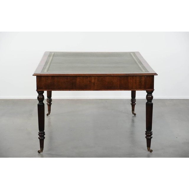 Antique English Style Writing Partner Desk with 6 Drawers and Dark Green Leather Top, Early 20th Century For Sale - Image 4 of 15