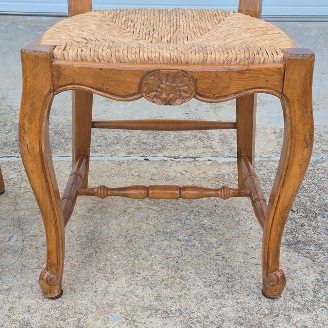 Mid 20th Century Mid-20th Century Shell Carved Walnut French Country Ladder Back Rush Seat Chairs, a Pair For Sale - Image 5 of 13