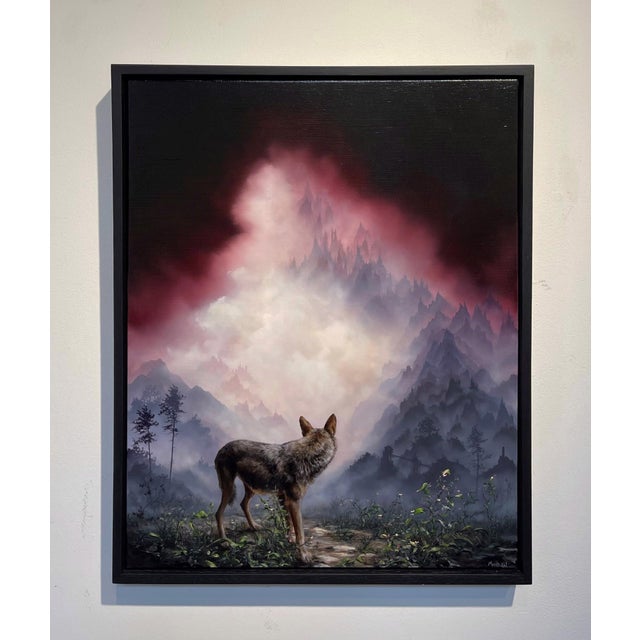 Contemporary Red Wolf by Brian Mashburn | Oil on panel of a wolf in a misty mountainous landscape For Sale - Image 3 of 5