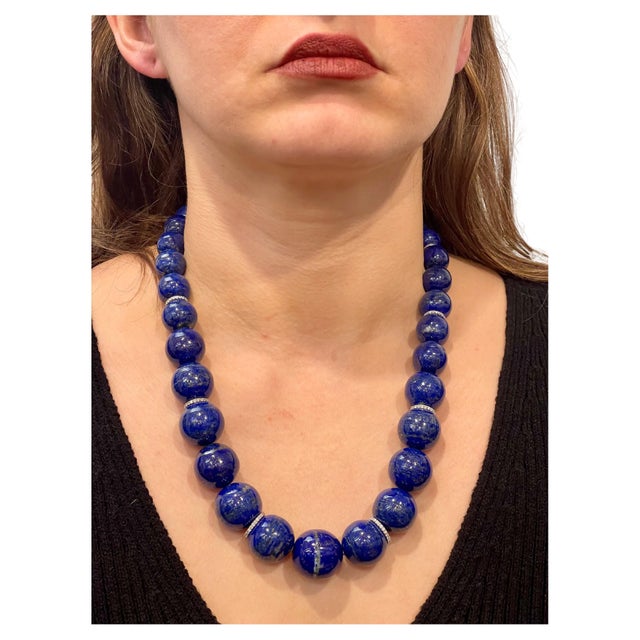 Certified Vintage Lapis Lazuli Single Strand Diamond Necklace 14 Kt White Gold For Sale - Image 15 of 18