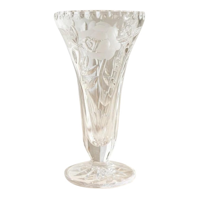 Vintage Anna Hutte Bleikristall Lead Crystal Etched Rose Vase-Germany-Bud-Floral For Sale