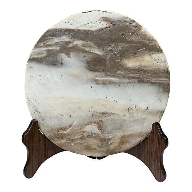 Chinese Natural Dream Stone Round White Fengshui Plaque Display For Sale