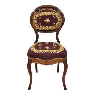 19th Century Victorian Burgundy Floral Needlepoint Carved Mahogany Balloon Back Side Chair For Sale