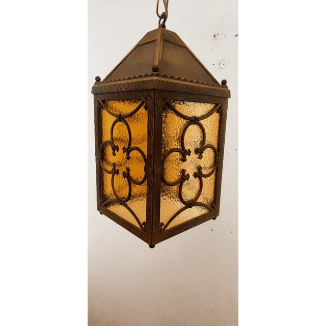Brown Brass Lantern Hanging Light in Amber Glass For Sale - Image 8 of 14