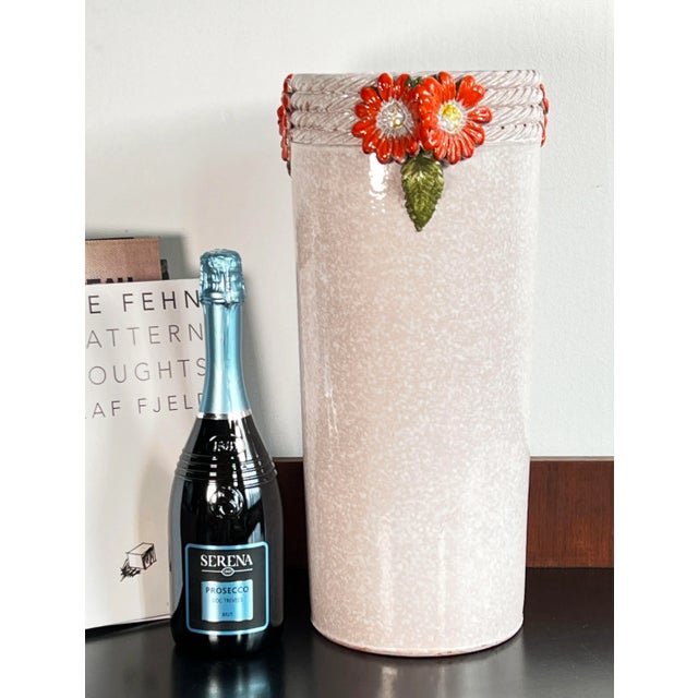 Fabulous vintage c.1960's Italian ceramic floor vase or umbrella stand, with brilliant orange aster flowers around the...