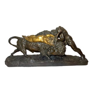 Huge Antique R Aurili Italian Hercules Bull Lady Bronze Patinated Plaster Statue For Sale