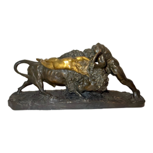Huge Antique R Aurili Italian Hercules Bull Lady Bronze Patinated Plaster Statue