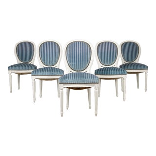 Antique French Louis XVI Style Provincial Painted W/ Striped Blue Velvet Mohair Dining Chairs - Set of 6 For Sale