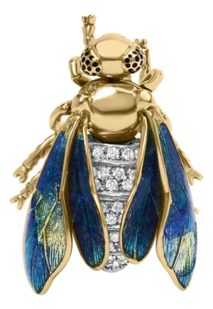 18K Yellow Gold 1/2 Cttw Pave Set Diamond and Blue-Green Enamel Bumblebee Brooch Pin (F-G Color, VS1-VS2 Clarity)