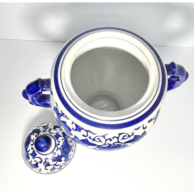 Blue 2010s Chinoiserie Chinese Blue & White Large Ceramic Hand Painted Ginger Jar For Sale - Image 8 of 9