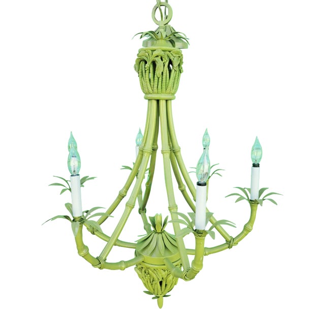 Vintage Custom Painted Pale Green Carved Palm Tree Faux Bamboo Iron 6 Light Regency Chandelier For Sale