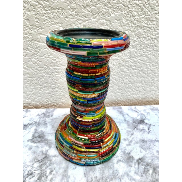 Vintage Handcrafted Glass Mosaic Beaded Pillar Candleholder For Sale - Image 4 of 4