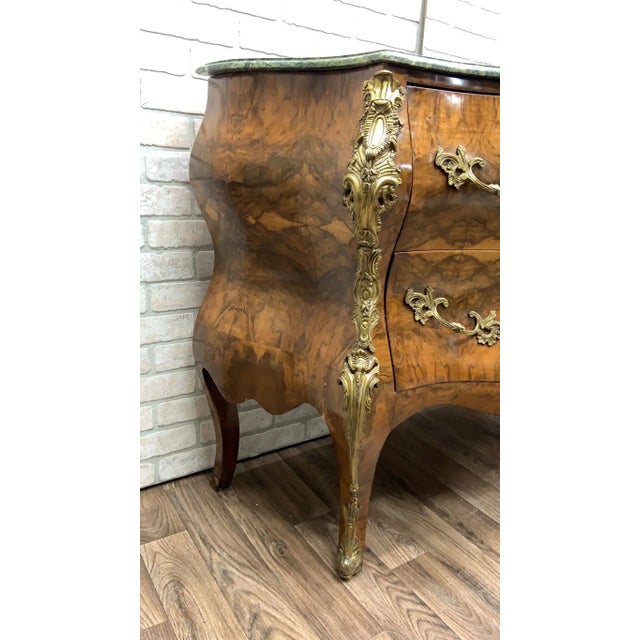 Rococo Vintage French Louis XV Style Bombe Commode Chest With Green Marble Style Top For Sale - Image 3 of 10