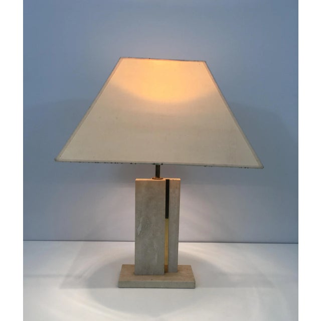 Metal Travertine and Brass Table Lamp with Original Shade, French, circa 1970 For Sale - Image 7 of 13