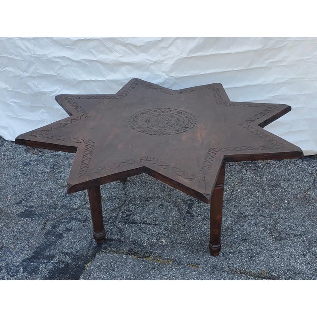 Wood Moroccan Star Shape Hand-Carved Wooden Coffee Table For Sale - Image 7 of 7