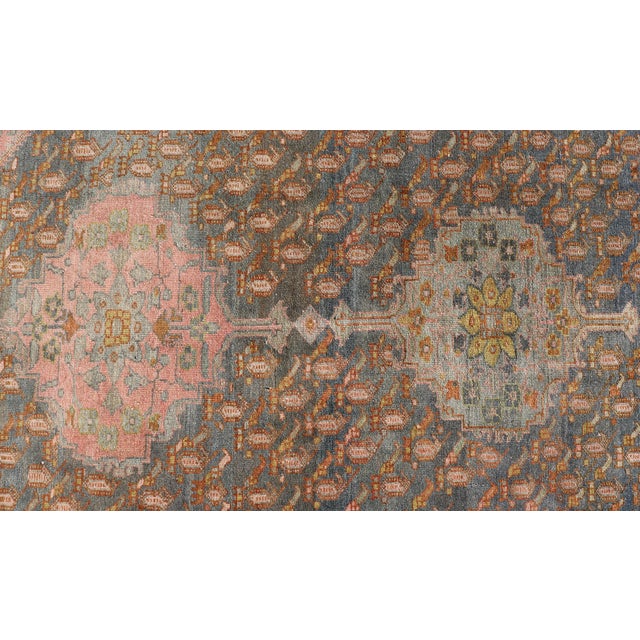 Antique Persian Gallery Malayer Rug With Geometric Design in Gray-Blue and Pink For Sale - Image 9 of 12