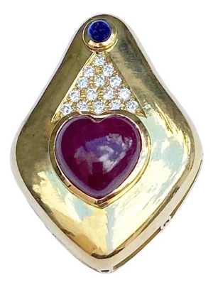18k Mid Century European Heart Cut Cabochon Ruby and Diamond Enhancer Pendant