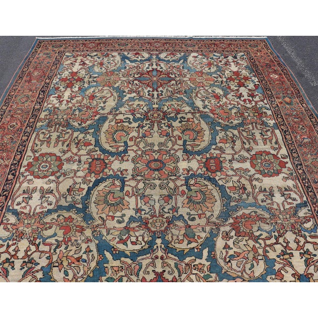 Antique Persian Sultanabad Rug in Ivory Background, Blue, Salmon & Multi Colors For Sale - Image 10 of 17