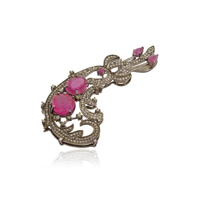 Vintage Inspired 9 Ct Ruby & Diamond Scrollwork Statement Brooch Pendant For Sale - Image 4 of 15