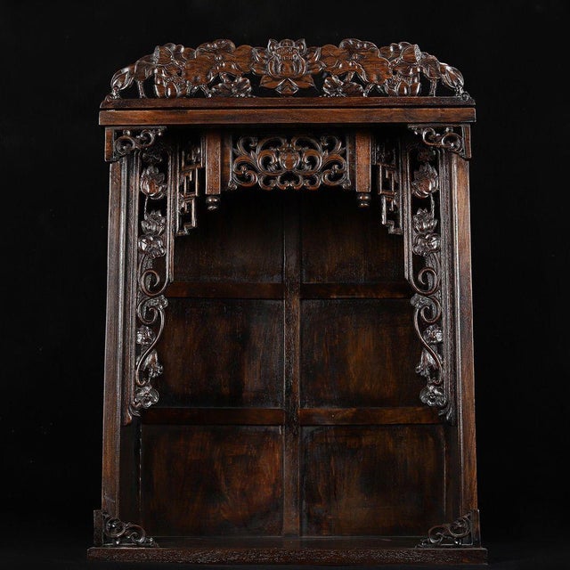 Chinese Huali Rosewood Carved Shrine Cabinet With Lotus Motif For Sale - Image 3 of 9