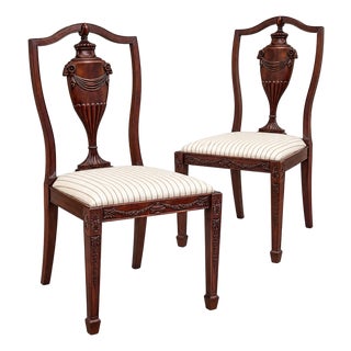 1930s Neoclassical Style Mahogany Side Chairs W/ Carved Rams & Urns - Pair For Sale