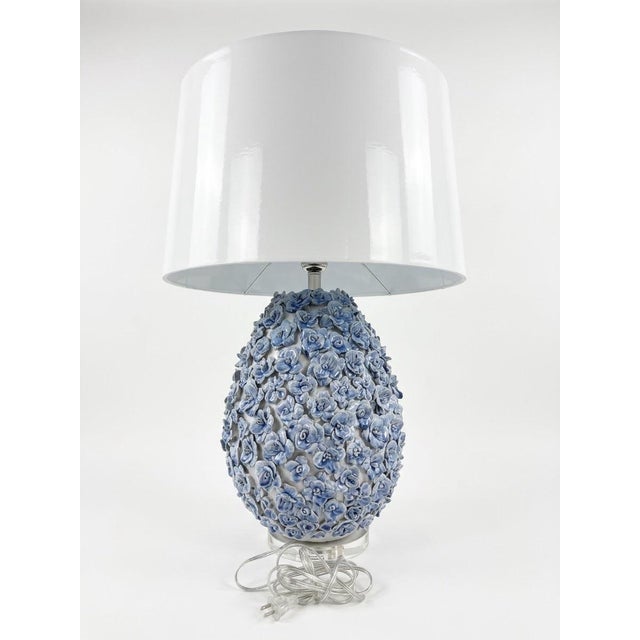 This striking pair of vintage table lamps features ovoid ceramic bases completely covered in hand-crafted, encrusted...