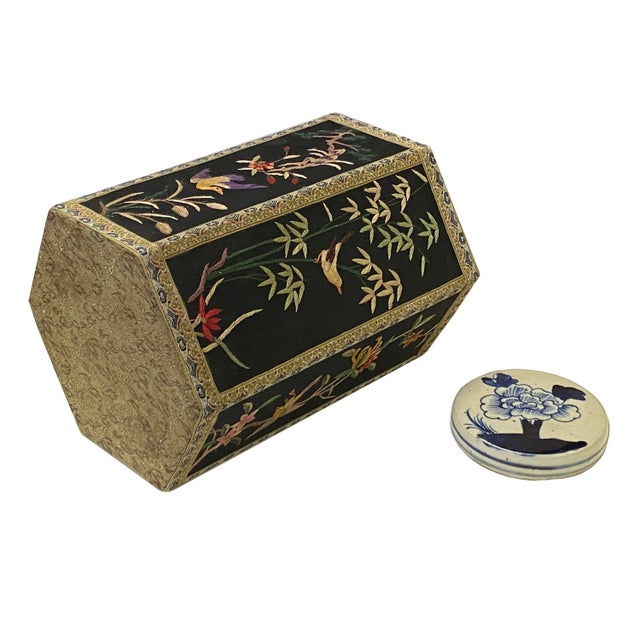 Chinese Black Hexagon Container Flower Birds Embroidery Porcelain Cover For Sale - Image 9 of 11
