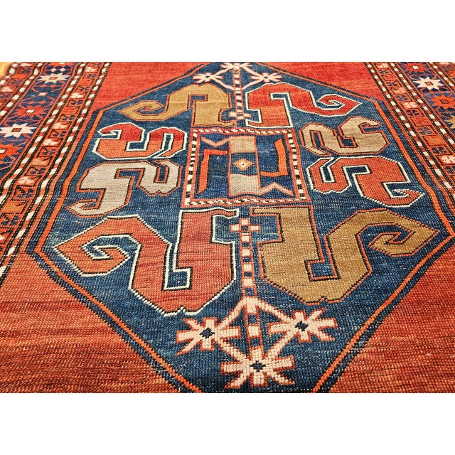 Antique Cloudband Kazak Area Rug, Hand-Knotted Wool, Geometric Design, Red & Blue, 5' x 8' For Sale - Image 11 of 15