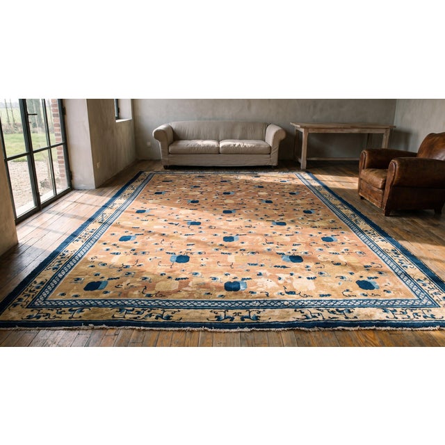 Textile Impressive Camel Background Color With Traditional Ming Style Antique Chinese Ningxia Rug For Sale - Image 7 of 8