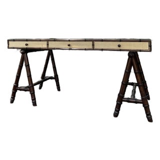 Williams Sonoma Home Faux Bamboo & Raffia Desk With Glass Top – Coastal Regency Writing Table For Sale