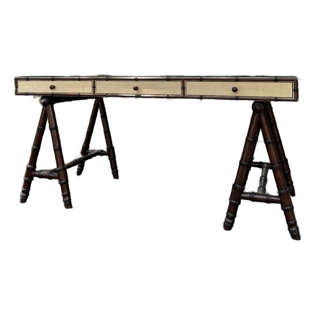 Williams Sonoma Home Faux Bamboo & Raffia Desk With Glass Top – Coastal Regency Writing Table For Sale