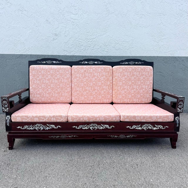 Mid 20th Century Vintage Chinese Rosewood With Mother of Pearl Inlay Sofa For Sale - Image 5 of 12