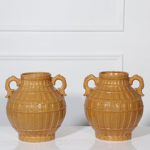 1970s Ceramic Basketweave Jars with Handles - A Pair For Sale In Tampa - Image 6 of 6