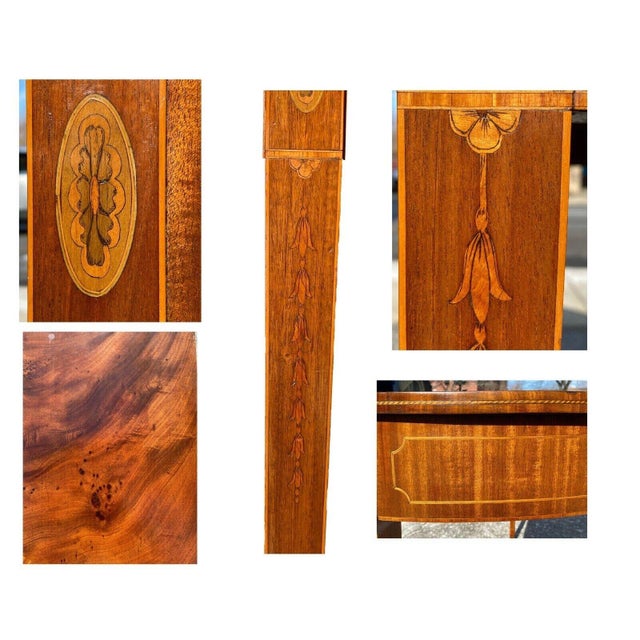 Wood Antique Mahogany Demilune Console Table W/ Satinwood Bellflower Inlays For Sale - Image 7 of 12