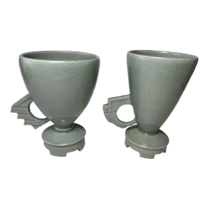Pair of Contemporary Post Modern Art Pottery Mugs With Celadon Glaze