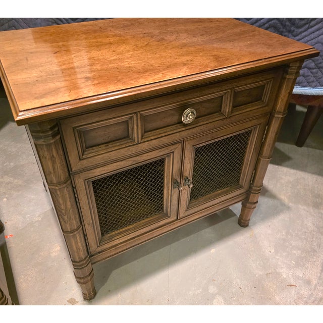 Pair of Vintage Henredon Fine Furniture Walnut With Metal Mesh Cabinet Doors Nightstands For Sale - Image 12 of 13
