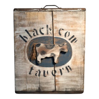 1970s Vintage Black Cow Tavern Sign Handcrafted in Wood For Sale