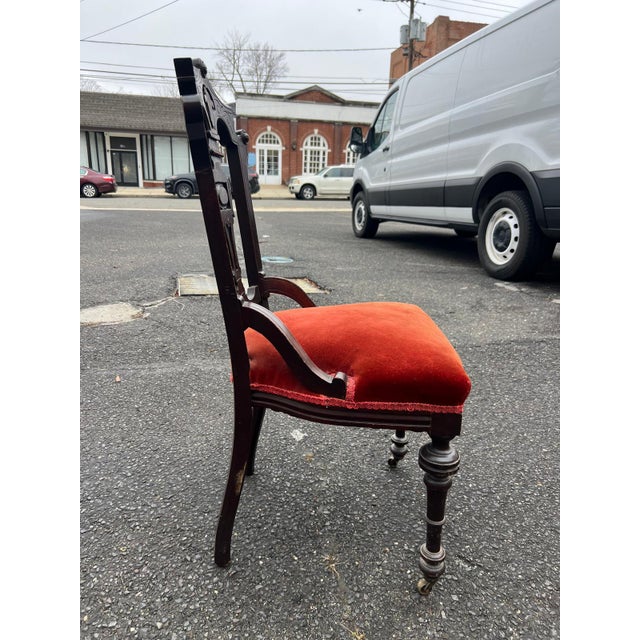 1900 - 1909 Antique Victorian Carved Wood Side Chair With Red Upholstery For Sale - Image 5 of 6