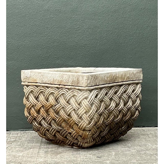 Gray Vintage Basketweave Stone Planter For Sale - Image 8 of 15