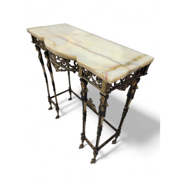 Antique Oscar Bach Style Ornate Figural Bronze Onyx Console with Beveled Wall Mirror - Set of 2 This exquisite Antique...