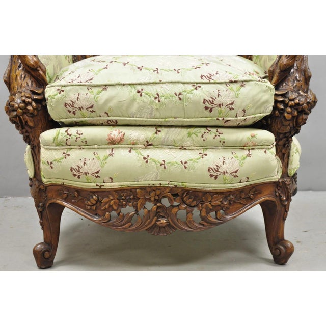 Green Antique Italian Regency Swan Carved Walnut French Victorian Club Lounge Chair For Sale - Image 8 of 18