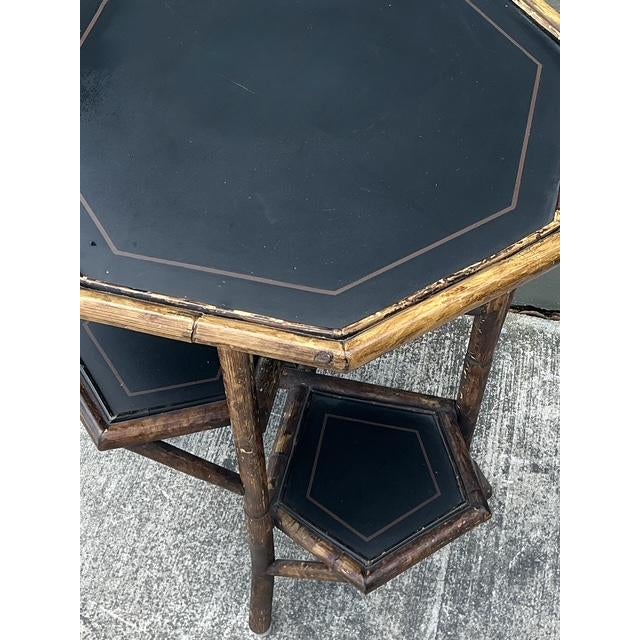 Wood Vintage Octagon Burnt Bamboo Side Tables - A Pair For Sale - Image 7 of 12