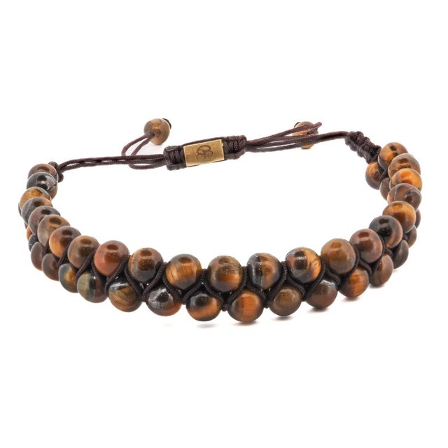 Metal Tiger's Eye Stone Two Row Beaded Woven Bracelet For Sale - Image 7 of 7
