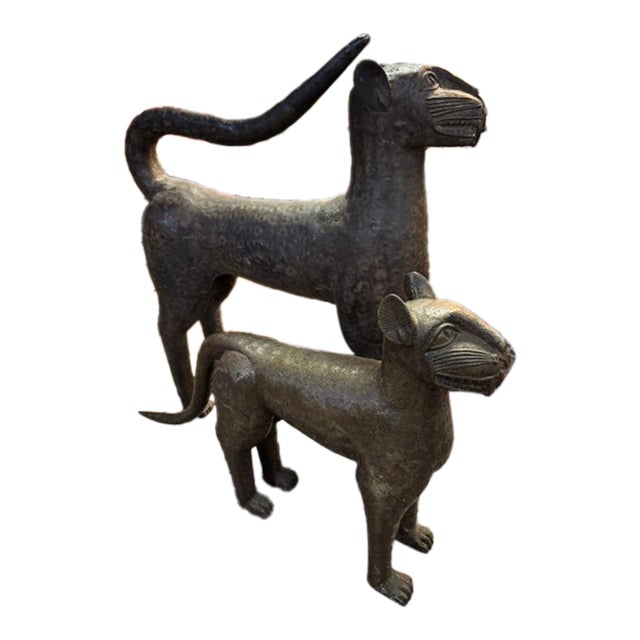 Antique Pair of Bronze Royal Leopard Sculptures From Benin For Sale