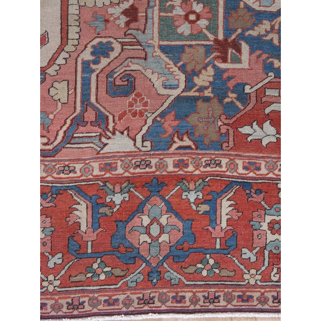 Antique Persian Heriz Carpet Handmade Wool Oriental Rug, Light, Pink, Light Blue For Sale - Image 17 of 18