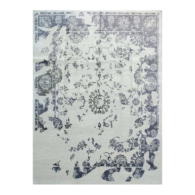 9x12 Ivory Hand-Knotted Wool Faded Floral Frame Classic Traditional Carpet Rug For Sale